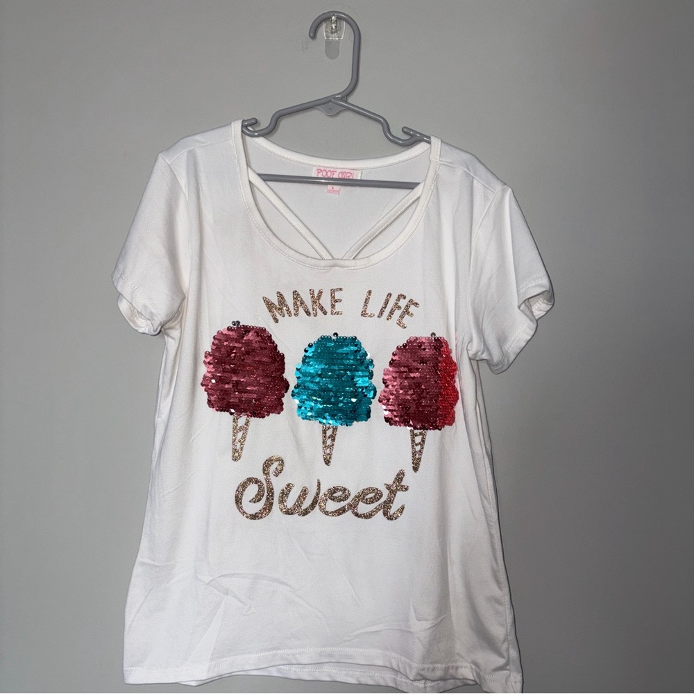 White T-Shirt with Sequin Ice Cream Design Youth L